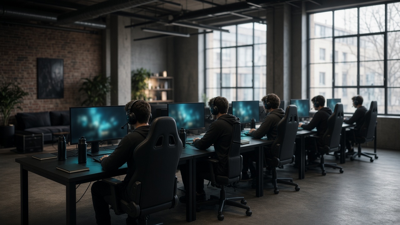 Salle de bootcamp avec cinq bureaux alignés