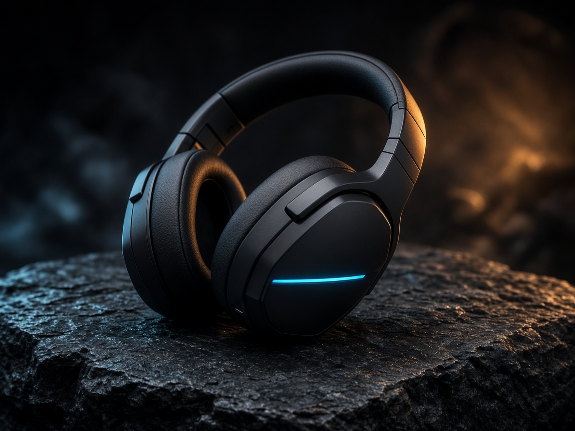 Casque audio noir posé sur une pierre sombre