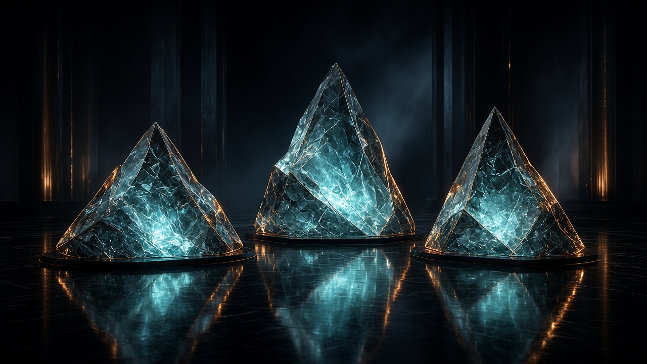Trois podiums de verre dans une salle sombre