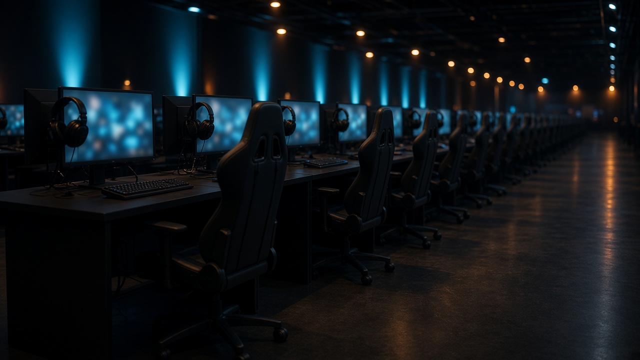 Rangée de postes identiques dans une salle de LAN