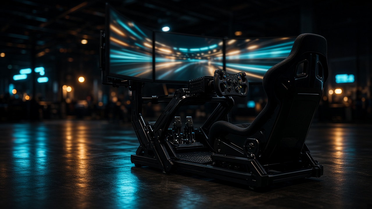 Cockpit de simulation avec volant et écrans flous