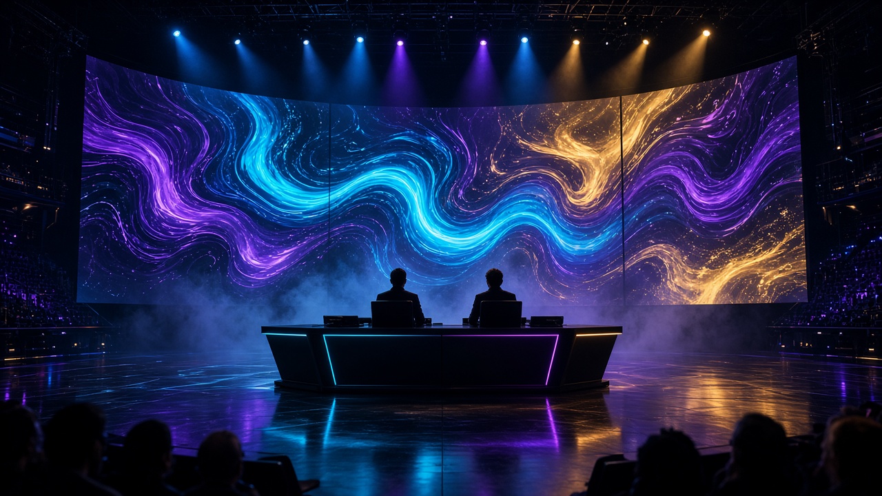 Grande scène de finale avec mur de lumière cyan et or