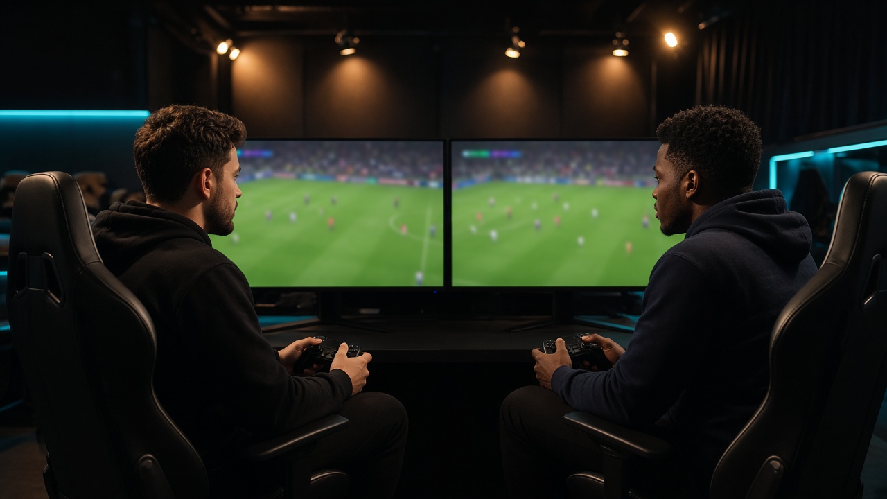 Booth de football virtuel avec deux joueurs et manettes